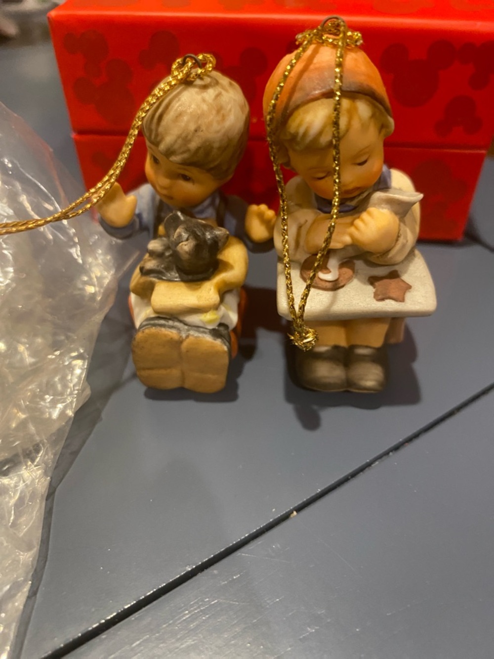 Hummel—Vintage Style Boy and Girl Ceramic Ornaments - Beige, Tan, Red Accents